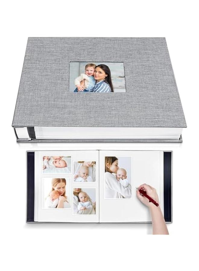 HOOKOR Durku Large Photo Album Self Adhesive with Picture Display Window, DIY Scrapbook, 40 s Linen Cover Memory Book with Metallic Pen (Grey) - Image 1