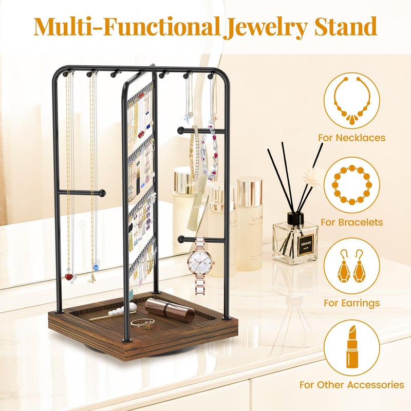 EsLuker.ly Earring Necklace Holder Organizer Jewelry Display Stand, Rotating Wood Earring Tower Rack with 12 Necklace Hooks for Women Vendors Selling, Countertop Bracelets Storage Tree, Brown Black - Image 1