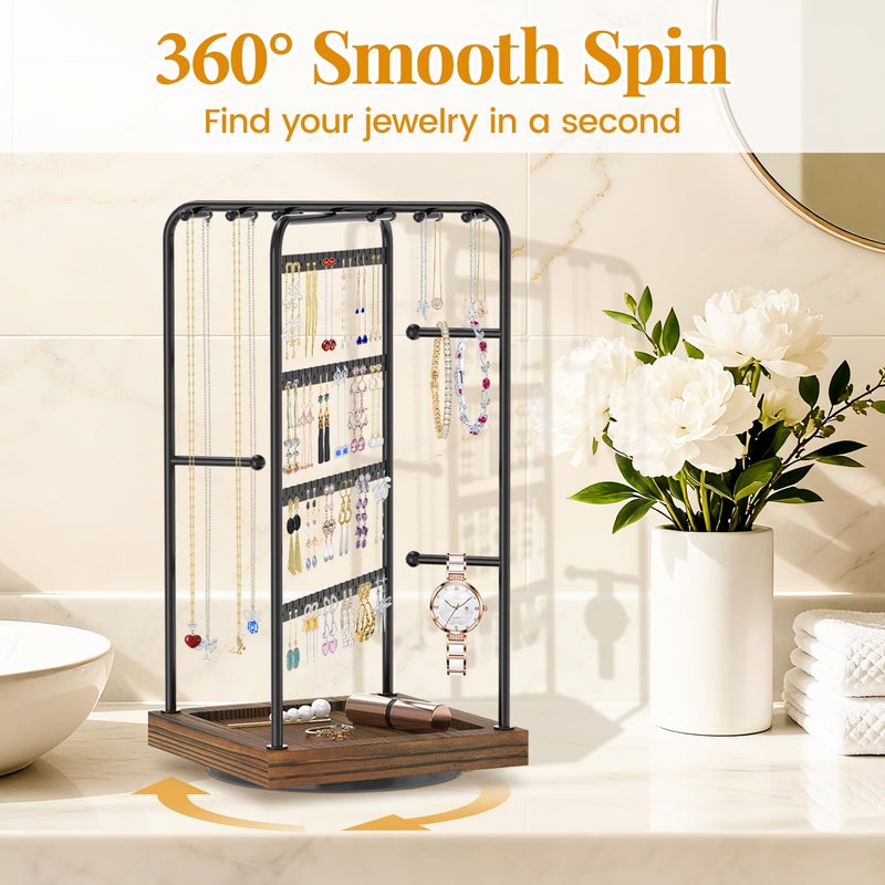 EsLuker.ly Earring Necklace Holder Organizer Jewelry Display Stand, Rotating Wood Earring Tower Rack with 12 Necklace Hooks for Women Vendors Selling, Countertop Bracelets Storage Tree, Brown Black - Image 2