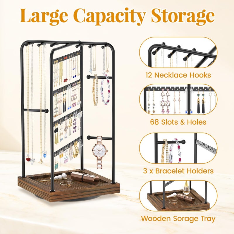 EsLuker.ly Earring Necklace Holder Organizer Jewelry Display Stand, Rotating Wood Earring Tower Rack with 12 Necklace Hooks for Women Vendors Selling, Countertop Bracelets Storage Tree, Brown Black - Image 4