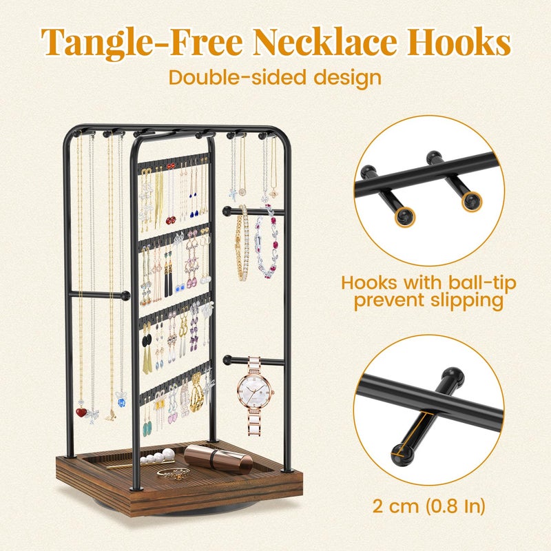 EsLuker.ly Earring Necklace Holder Organizer Jewelry Display Stand, Rotating Wood Earring Tower Rack with 12 Necklace Hooks for Women Vendors Selling, Countertop Bracelets Storage Tree, Brown Black - Image 5