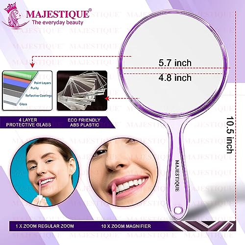 MAJESTIQUE Dual Side Handheld Mirror, 1X/ 10X Round Magnifying Compact Mirror Perfect for Shaving, Makeup, Tweezing or Shaping Eyebrows, Contact Lens (Purple) - Image 2