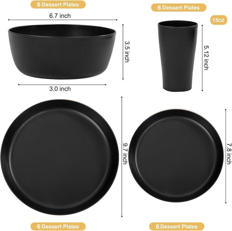 ejonirinjonir EI 24pcs Black Wheat Straw PlatesWheat Straw Dinnerware SetPlates and Bowls SetsReuasble PlatesUnbreakable Dinner PlatesHeavy Duty Plastic Plates for Halloween - Image 2