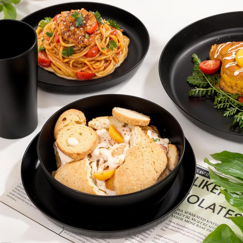 ejonirinjonir EI 24pcs Black Wheat Straw PlatesWheat Straw Dinnerware SetPlates and Bowls SetsReuasble PlatesUnbreakable Dinner PlatesHeavy Duty Plastic Plates for Halloween - Image 3