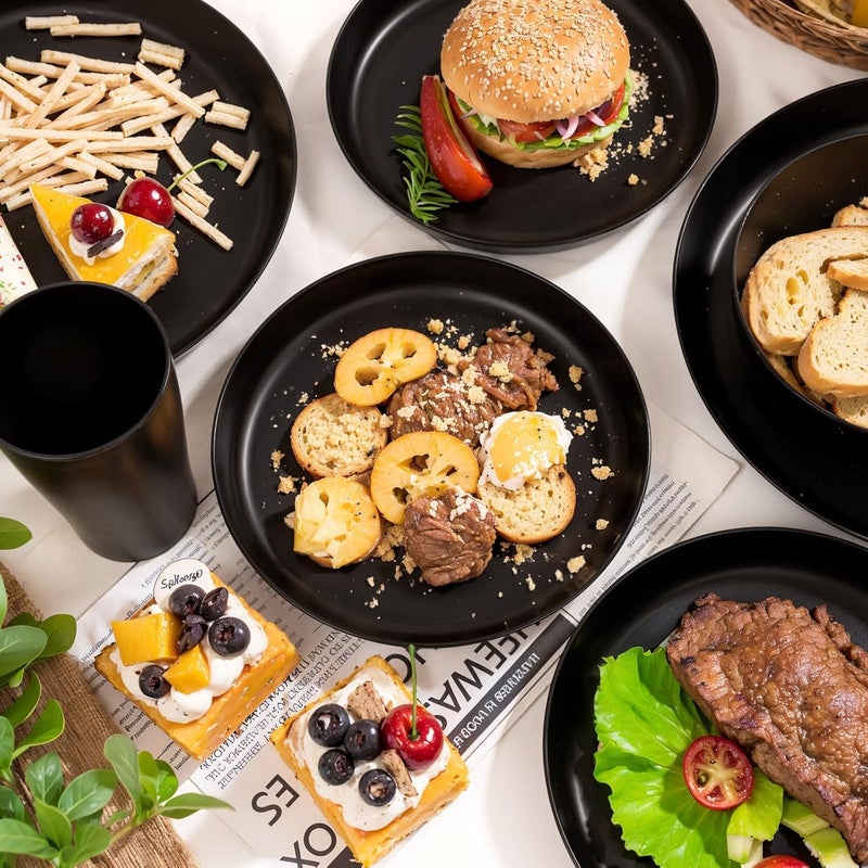 ejonirinjonir EI 24pcs Black Wheat Straw PlatesWheat Straw Dinnerware SetPlates and Bowls SetsReuasble PlatesUnbreakable Dinner PlatesHeavy Duty Plastic Plates for Halloween - Image 4