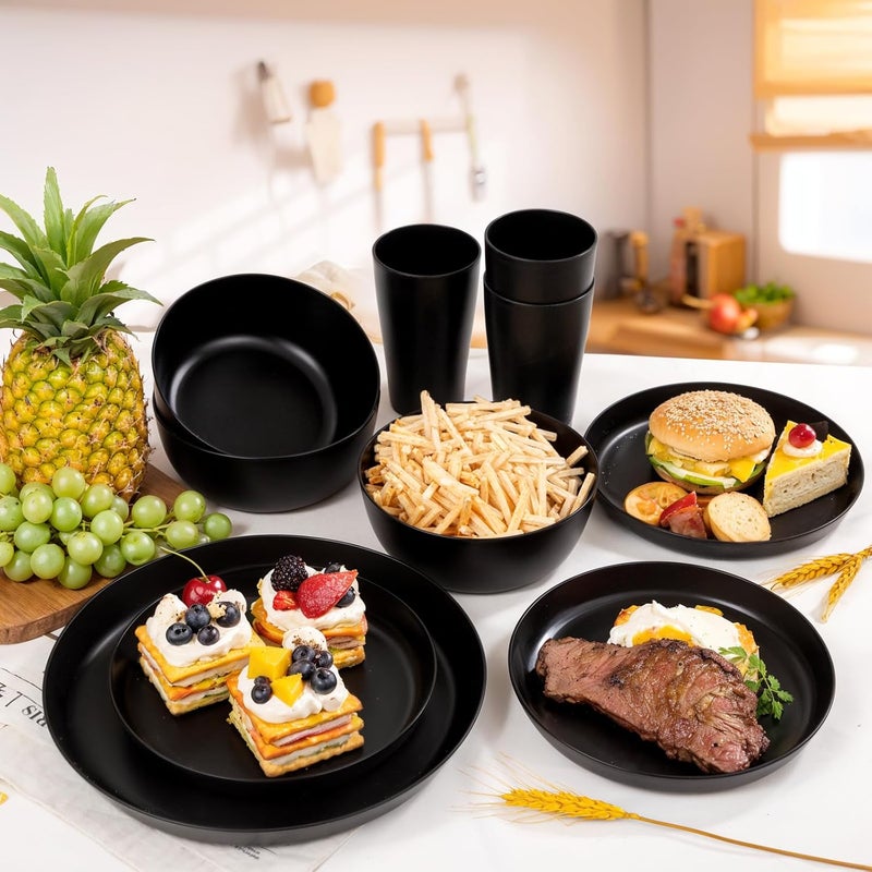 ejonirinjonir EI 24pcs Black Wheat Straw PlatesWheat Straw Dinnerware SetPlates and Bowls SetsReuasble PlatesUnbreakable Dinner PlatesHeavy Duty Plastic Plates for Halloween - Image 5