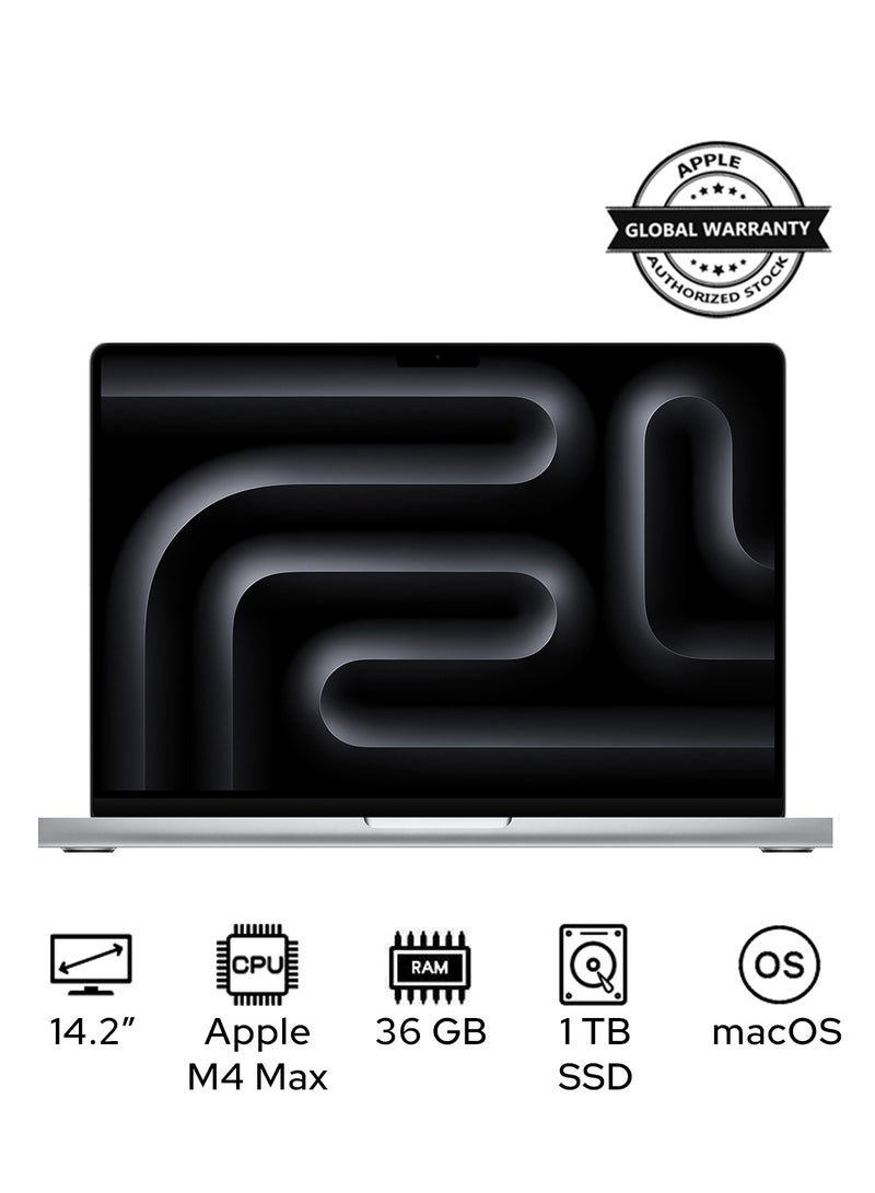ابل  ماك بوك برو MX2G3 بشاشة 14.2 بوصة، معالج M4 Max رباعي النواة، معالج رسوميات ثنائي وثلاثي النواة | ذاكرة وصول عشوائي 36 جيجابايت | قرص صلب SSD بسعة 1 تيرابايت | نظام macOS | يدعم اللغتين الإنجليزية والعربية | فضي الإنجليزية/العربية - Image 1