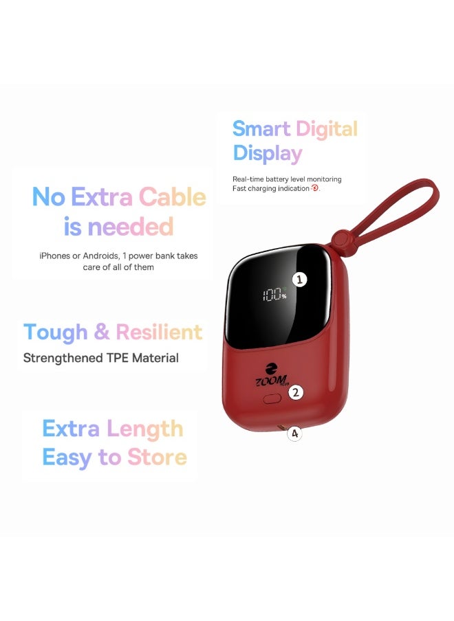 Zoom Plus ZP33 (FANCY) 10000mAh Digital Display Fast Charge Power Bank 22.5W With Built-in Dual-Cable Lightning And Type-C - Red  - Image 2