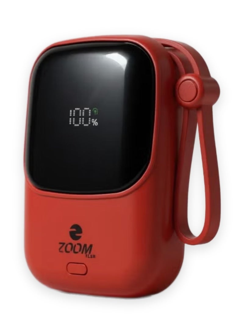 Zoom Plus Fancy 10000mAh Power Bank, 22.5W Fast Charging Slim Portable Charger with Built-in USB-C and Lightning Cables, 3 Outputs, Digital Display, Compact Battery Pack for iPhone, Samsung and Android (ZP33, Red) - Image 1