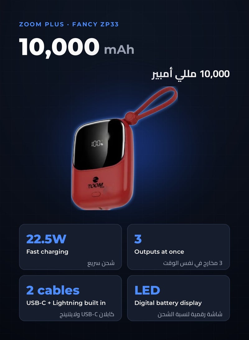 Zoom Plus Fancy 10000mAh Power Bank, 22.5W Fast Charging Slim Portable Charger with Built-in USB-C and Lightning Cables, 3 Outputs, Digital Display, Compact Battery Pack for iPhone, Samsung and Android (ZP33, Red) - Image 2
