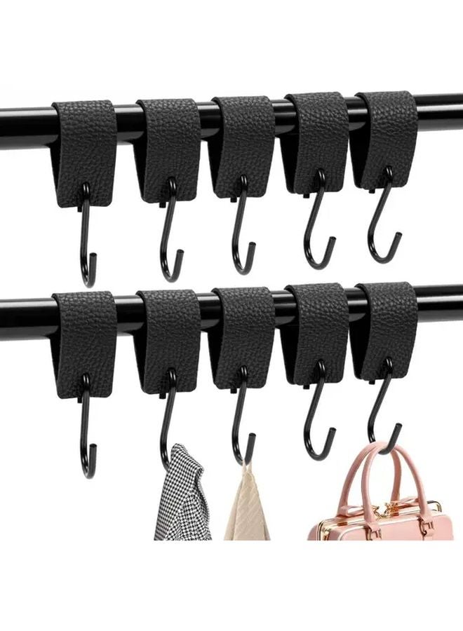 5 قطع من خطافات معدنية على شكل S مع حلقات جلدية سوداء مثبتة على الحائط لتوفير المساحة - Image 2