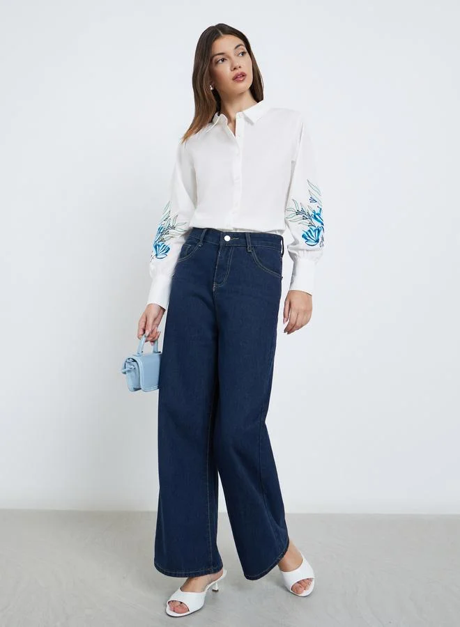 Styli Styli White Embroidered Panel Long Sleeve Shirt