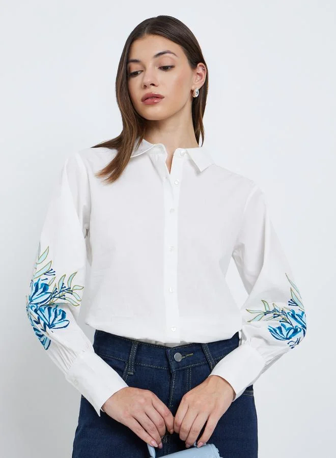 Styli Styli White Embroidered Panel Long Sleeve Shirt