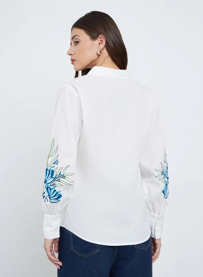 Styli Styli White Embroidered Panel Long Sleeve Shirt