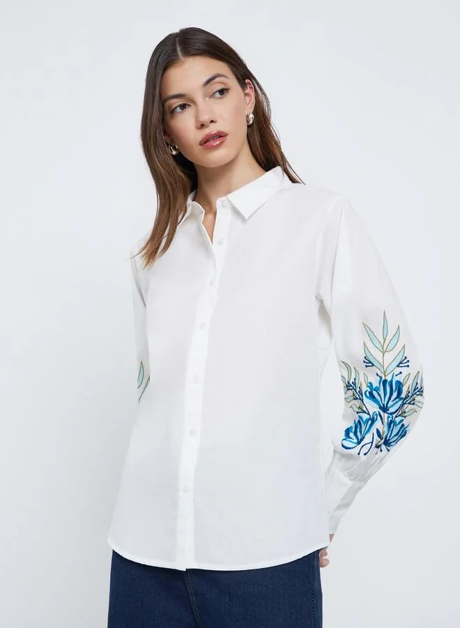 Styli Styli White Embroidered Panel Long Sleeve Shirt