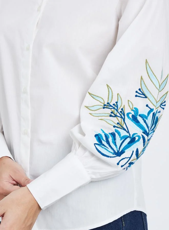 Styli Styli White Embroidered Panel Long Sleeve Shirt
