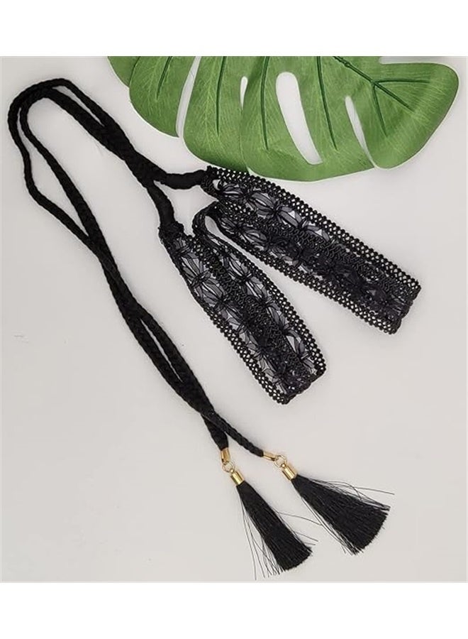 Women Girls Braided Knotted Waist Belt Skinny Mixed Color Rope Exotic Chain Tassel for Dress Skirt