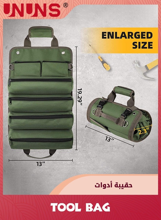 Roll-Up Tool Bag,Heavy Duty Tool Organizer for Men Women,Portable Tool Storage With 2 Detachable Zipper Pouch, Compact Small Toolbag for Handyman RV Owners, Army Green
