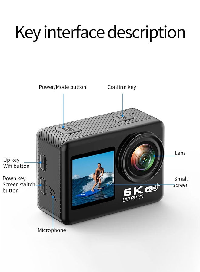 New 6K Action camera, 170° ultra-wide angle, 30 meters waterproof 2.0+1.4 inch dual-color screen, with 32GB memory card, with remote control and accessories, WiFi interconnection EIS anti-shake and - Image 3