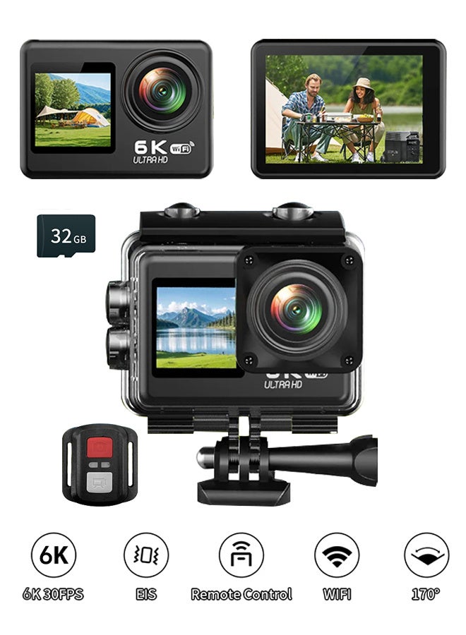 New 6K Action camera, 170° ultra-wide angle, 30 meters waterproof 2.0+1.4 inch dual-color screen, with 32GB memory card, with remote control and accessories, WiFi interconnection EIS anti-shake and - Image 1