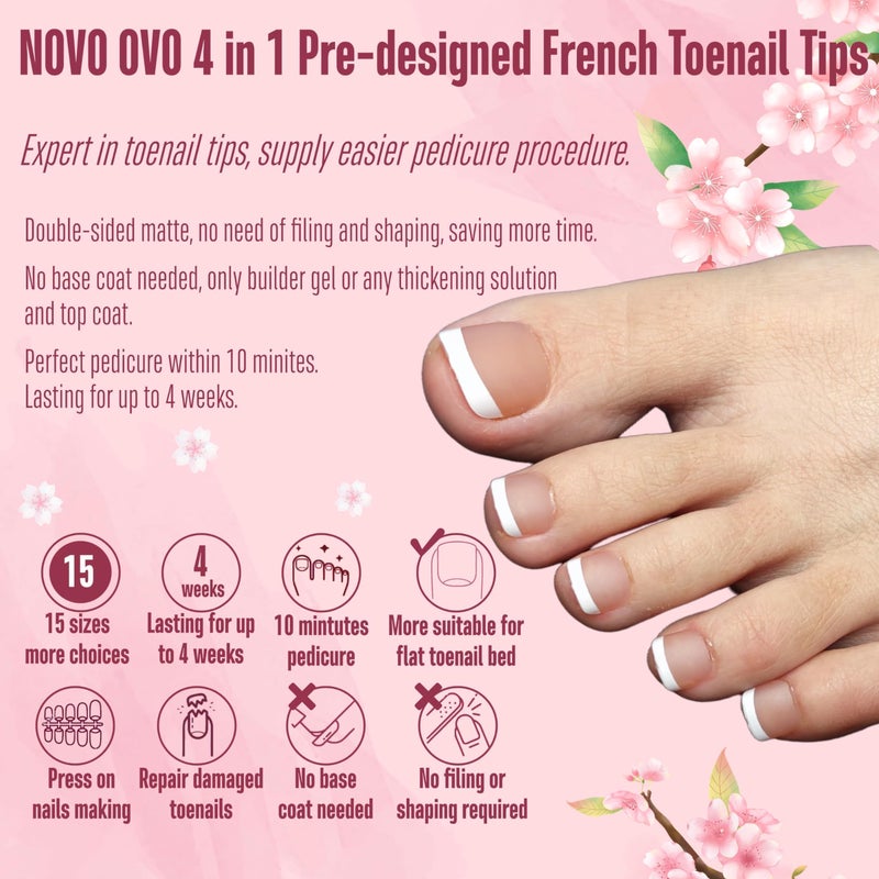 NOVO OVO Fake Toe Nail Tips Press on, French Tip Soft Gel Toenail Extension, BROWN PINK Square Round Pre-applied Tip Primer & Base Coat, Full Cover Matte False Nails for DIY x 15 Sizes 360Pcs - Image 3