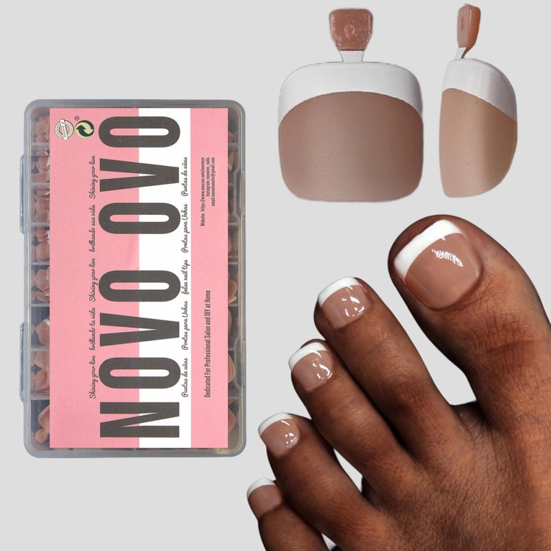 NOVO OVO Fake Toe Nail Tips Press on, French Tip Soft Gel Toenail Extension, BROWN PINK Square Round Pre-applied Tip Primer & Base Coat, Full Cover Matte False Nails for DIY x 15 Sizes 360Pcs - Image 1