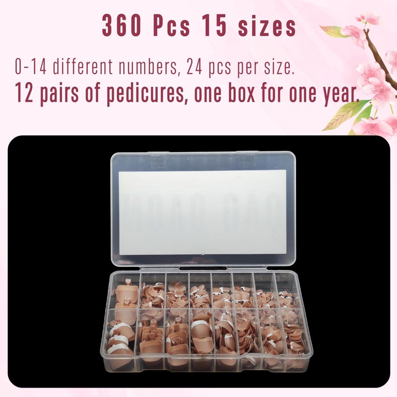 NOVO OVO Fake Toe Nail Tips Press on, French Tip Soft Gel Toenail Extension, BROWN PINK Square Round Pre-applied Tip Primer & Base Coat, Full Cover Matte False Nails for DIY x 15 Sizes 360Pcs - Image 5
