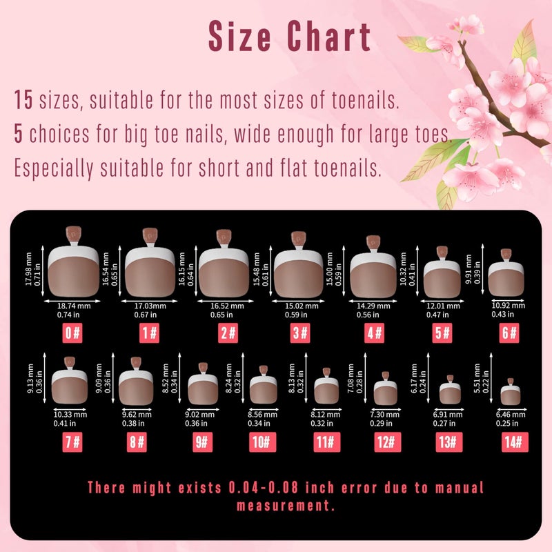 NOVO OVO Fake Toe Nail Tips Press on, French Tip Soft Gel Toenail Extension, BROWN PINK Square Round Pre-applied Tip Primer & Base Coat, Full Cover Matte False Nails for DIY x 15 Sizes 360Pcs - Image 4
