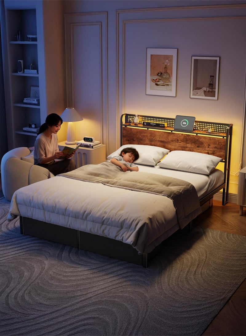 يانارا إطار سرير مع لوح رأسي تخزين وإضاءة ليد – سرير منصة مقاس كوين، يحتوي على درجين تخزين كبيرين أسفل السرير، محطة شحن مدمجة، لا يحتاج إلى قاعدة نابضة ، هادئ، سهل التجميع، 160×200 سم - Image 2