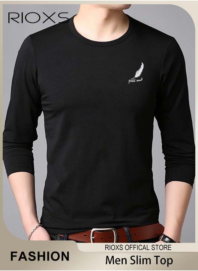 RIOXS Men's Long Sleeve Round Neck T-Shirt, Slim-fit Solid Color Shirts, Casual Versatile Pullover, Reliable Option for Any Man Seeking Comfort without Compromising on Style  - Image 1