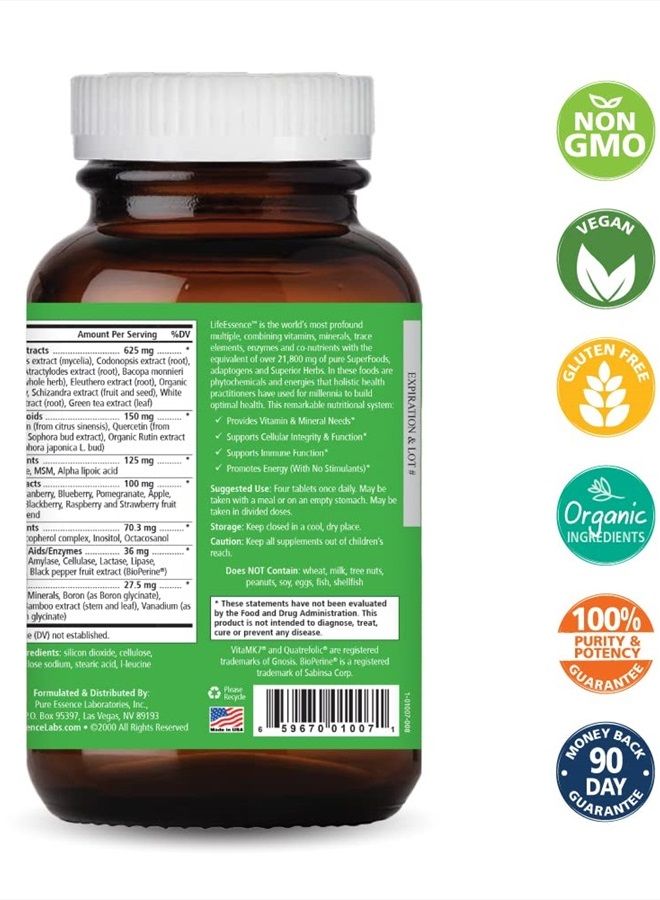 PURE ESSENCE LABS LifeEssence Multivitamin for Women and Men - Natural Herbal Supplement - Vitamin D, Vitamin D3, Vitamin B12, Biotin with Whole Foods (120 Tablets) - Image 2