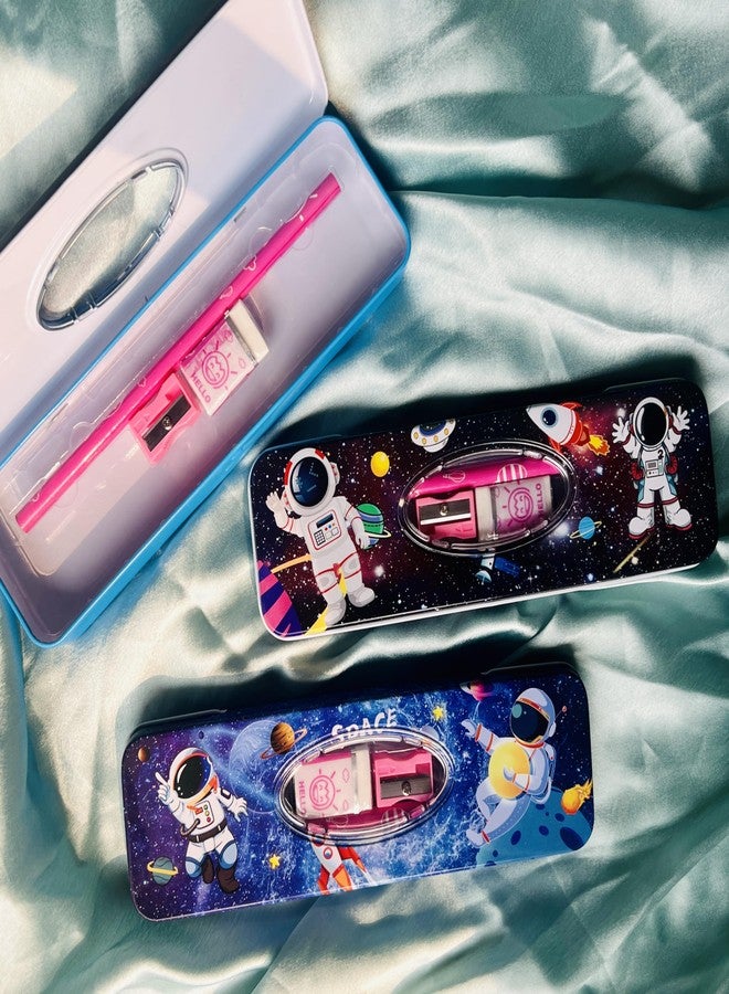 Rack Jack Astronaut Space Theme Tin Pencil Box Case for Kids Boys Girls School Stationery Kit with Pencil, Sharpener & Eraser (Blue) - Image 2