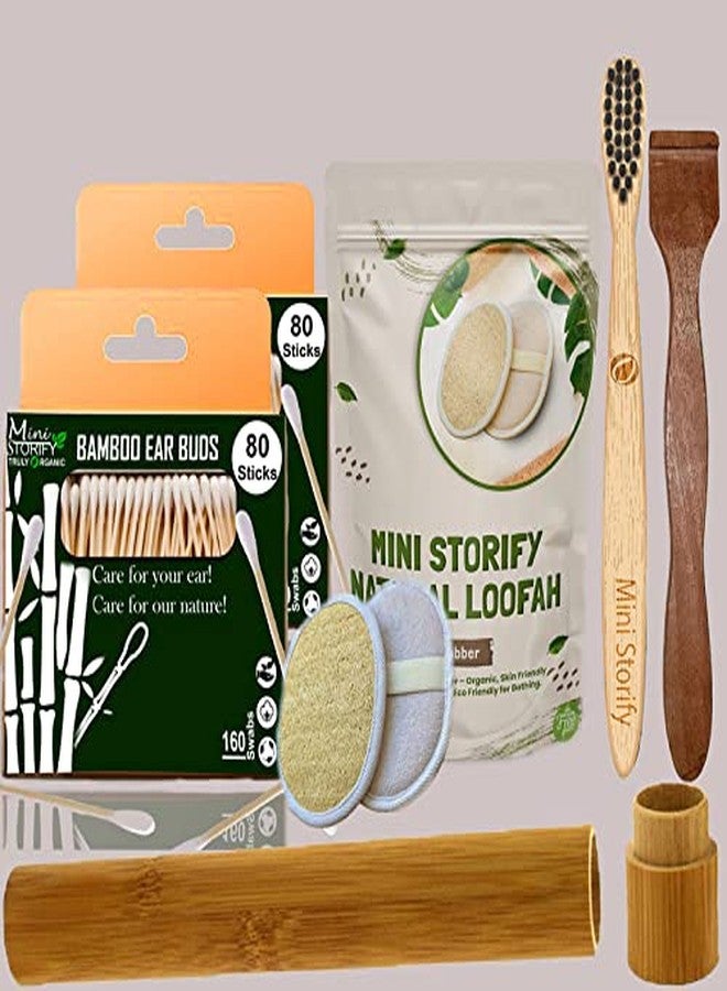 Mini Storify Truly Organic 2. أعواد قطنية من الخيزران | 80 ساق | 1. فرشاة أسنان من الخيزران للأطفال - تنظيف الفم | 1. علبة سفر من الخيزران | 1. منظف لسان من خشب النيم النقي للبالغين والأطفال | 2. لوفة بيضاوية / وسادات لوفة (عبوة من 7) - Image 1
