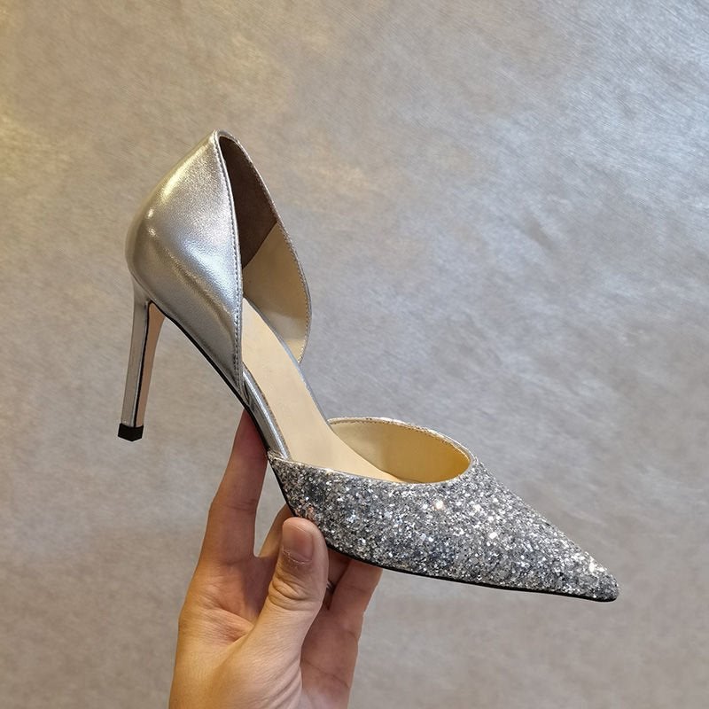 Size 32-45 Hollow Sequin Color High Heels Stiletto Heel Pointed Wedding Shoes Bridesmaid Work Shoes Women - Image 4