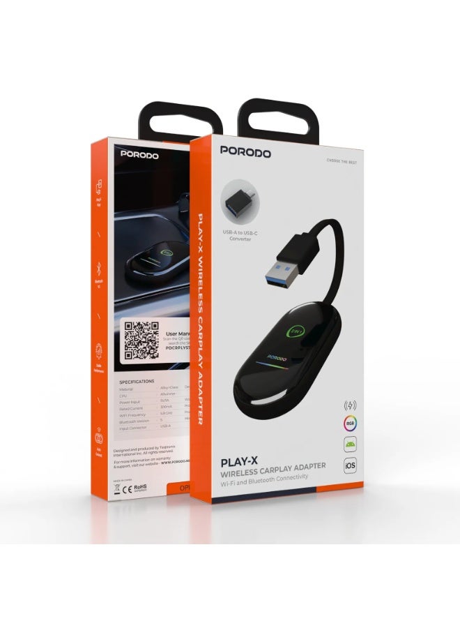 porodo Play-X 5.0 Wireless CarPlay Adapter USB-A/C, 2 in 1 Wireless Android Auto & CarPlay Dongle for Car, Upgrade Wired CarPlay to Wireless, Fast Bluetooth & Wi-Fi to USB Adapter, Easy Plug & Play for iPhone & Android Phones, Fast Auto Connection, Wireless Connectivity - Black - Image 4