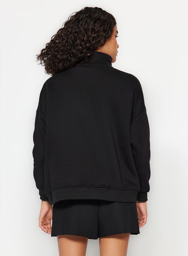 trendyol Black Oversize/Wide Fit Half Zipper Thick Inside Fleece Knitted Sweatshirt - Image 5