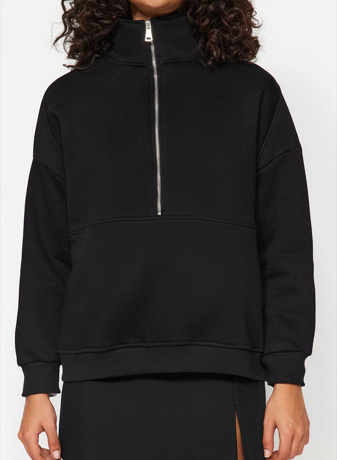 trendyol Black Oversize/Wide Fit Half Zipper Thick Inside Fleece Knitted Sweatshirt - Image 4