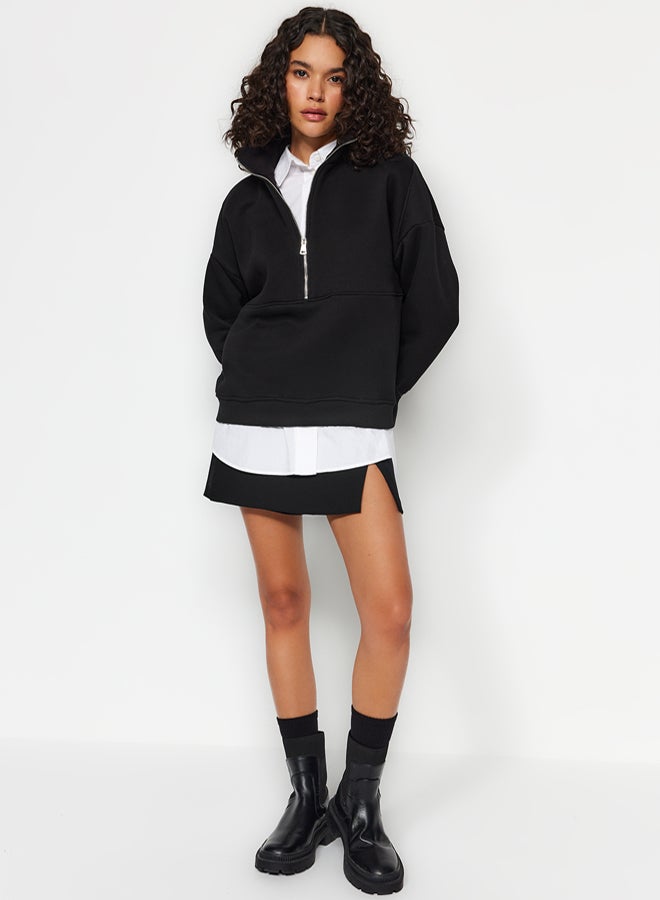 trendyol Black Oversize/Wide Fit Half Zipper Thick Inside Fleece Knitted Sweatshirt - Image 2