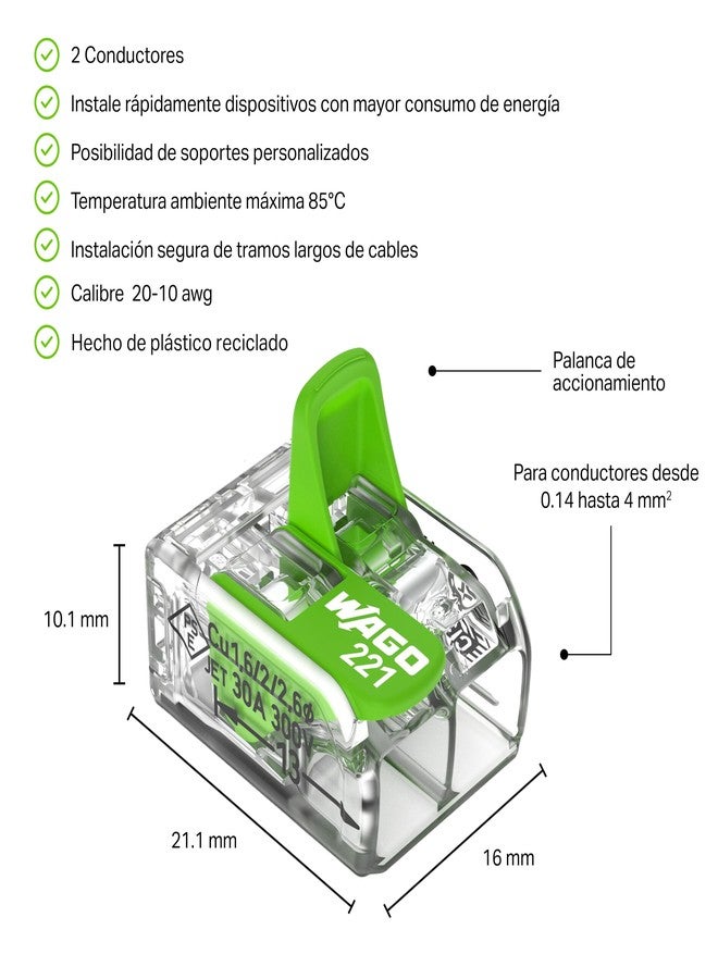واجو WAGO 221-422 | موصل شريط أخضر | للموصلات الصلبة والمضفرة والرفيعة | موصلان مع أذرع | 24-12 AWG | غلاف شفاف | [100 قطعة] - Image 3