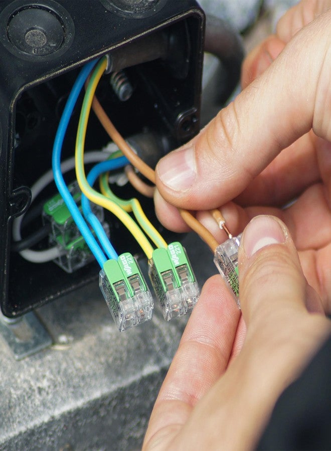 واجو WAGO 221-422 | موصل شريط أخضر | للموصلات الصلبة والمضفرة والرفيعة | موصلان مع أذرع | 24-12 AWG | غلاف شفاف | [100 قطعة] - Image 5