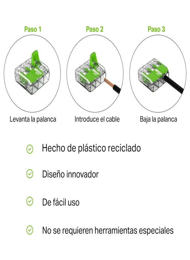 واجو WAGO 221-422 | موصل شريط أخضر | للموصلات الصلبة والمضفرة والرفيعة | موصلان مع أذرع | 24-12 AWG | غلاف شفاف | [100 قطعة] - Image 4