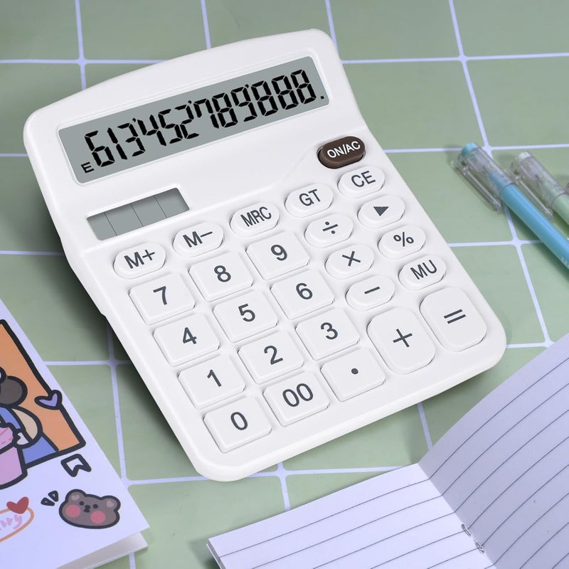 Desktop Calculator: White Dual-power Large Button Large Screen - Cute Design Calculator for Office, Teachers and Students - Image 2