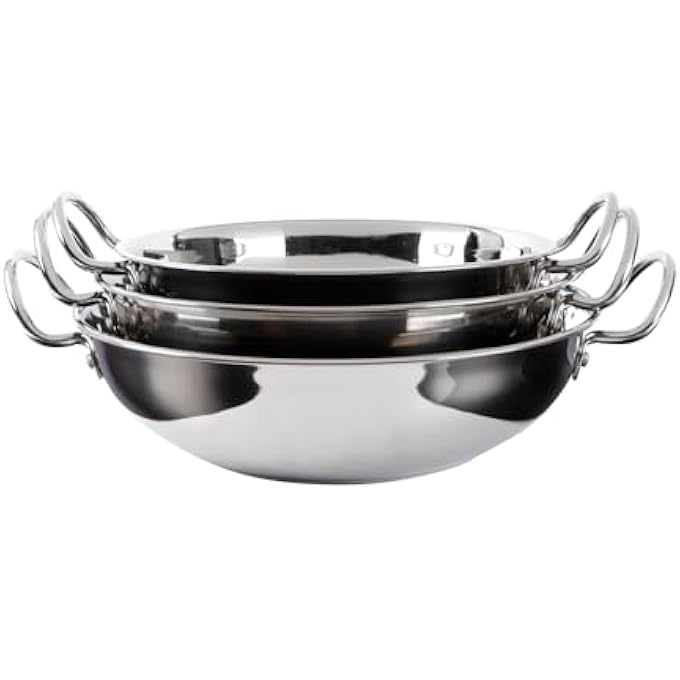Kitchenmark 3Pc Stainless Steel Wok Pan Deep Kadai Set 24Cm 27Cm 29Cm  Silver - Image 3
