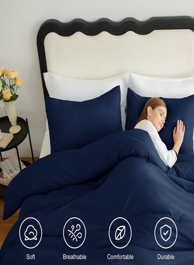 CozyLux طقم لحاف كوين كبير الحجم من كوزي لوكس، لون أزرق داكن، 3 قطع، مقاس 98x98، طقم مفروشات مبطنة سادة قابلة للتهوية، مناسب لجميع الفصول، طقم لحاف فاخر ناعم بديل للريش (لحاف واحد و2 غطاء وسادة). - Image 5