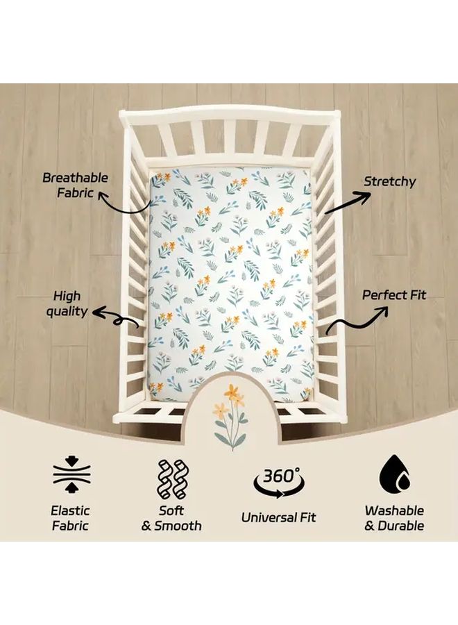 Light Green Floral Fitted Mini Crib Sheet Breathable Soft Polyester Nursery Cover Machine Washable - Image 3