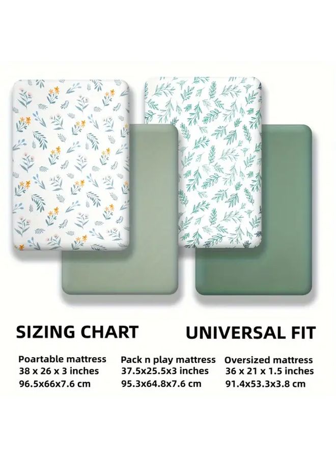 Light Green Floral Fitted Mini Crib Sheet Breathable Soft Polyester Nursery Cover Machine Washable - Image 2