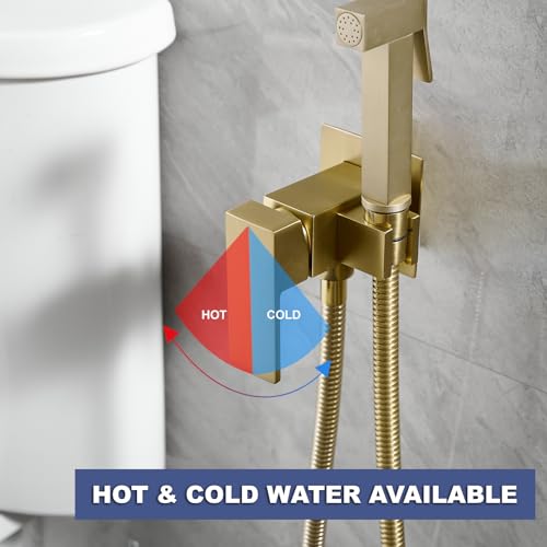 Bathfinesse Wall Mounted Bidet Sprayer Set, Warm Water Bidet Sprayer Faucet for Toilet with Hot and Cold Brass Valve, Stainless Steel Square Handheld Bidet Attachment Set, Brushed Gold - Image 3