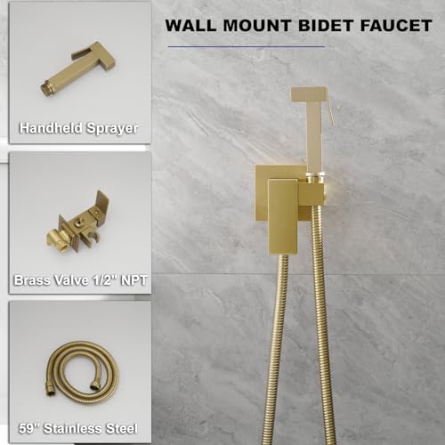 Bathfinesse Wall Mounted Bidet Sprayer Set, Warm Water Bidet Sprayer Faucet for Toilet with Hot and Cold Brass Valve, Stainless Steel Square Handheld Bidet Attachment Set, Brushed Gold - Image 2