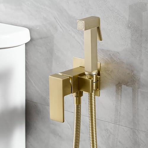 Bathfinesse Wall Mounted Bidet Sprayer Set, Warm Water Bidet Sprayer Faucet for Toilet with Hot and Cold Brass Valve, Stainless Steel Square Handheld Bidet Attachment Set, Brushed Gold - Image 1