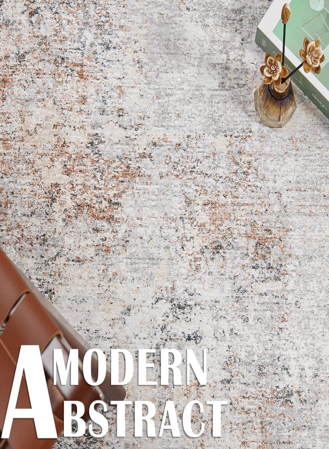 jinchan Round Rug 4ft Modern Area Rug 4' Round Circle Mat Washable Abstract Distressed Floor Cover Taupe Multi Print Contemporary Non-Slip Overdyed Thin Carpet for Entryway Kitchen Living Room - Image 2